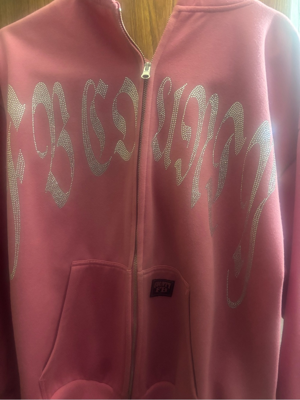 Pink Zip-Up Hoodie Jacket with Rhinestone Script - Picture 2 of 6